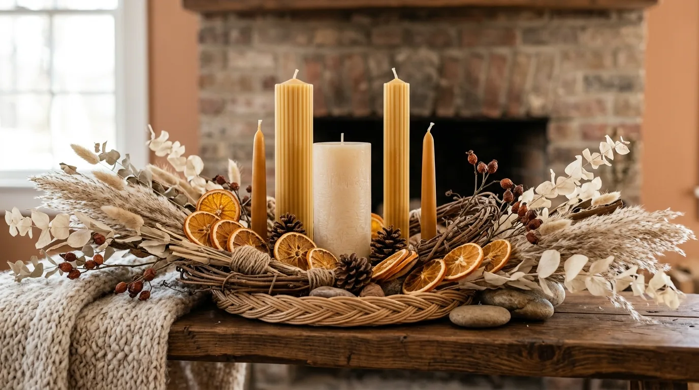 Style the hearth below as part of the composition inspiration for a fall mantel display.